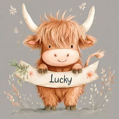 A cute little highland cow, holding a banner that says "Lucky", full body, clipart, watercolor, simple design, light gray background, pastel brown, coral pink, army green, colors, simple shapes, clipart isolated on gray background, suitable for nursery decor and a children's book illustration