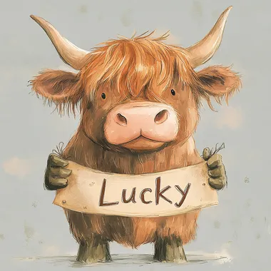 A cute little highland cow, holding a banner that says "Lucky", full body, clipart, watercolor, simple design, light gray background, pastel brown, coral pink, army green, colors, simple shapes, clipart isolated on gray background, suitable for nursery decor and a children's book illustration