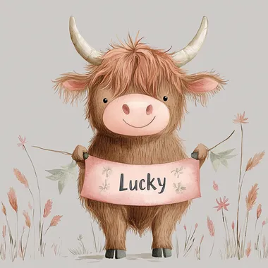 A cute little highland cow, holding a banner that says "Lucky", full body, clipart, watercolor, simple design, light gray background, pastel brown, coral pink, army green, colors, simple shapes, clipart isolated on gray background, suitable for nursery decor and a children's book illustration