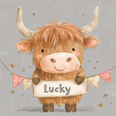 A cute little highland cow, holding a banner that says "Lucky", full body, clipart, watercolor, simple design, light gray background, pastel brown, coral pink, army green, colors, simple shapes, clipart isolated on gray background, suitable for nursery decor and a children's book illustration