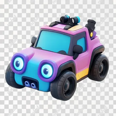 a electronic carwith eyes on itone of the eye is winkA streamlined car, not a box-shaped one.clay material, isometric side, bubble pad style, bright and harmonious, cute cartoon, 3D rendering, best details, purple and blue main color, high resolution, solid white color background, --s 250