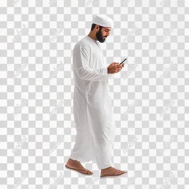 Omani man, 20 years old, wearing white dress, walking confidently while looking at his phone, FRONT VIEW, white background, Ultra realistic, 8k, high resolution, This image has a shallow depth of field, realistic photography.