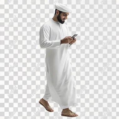 Omani man, 20 years old, wearing white dress, walking confidently while looking at his phone, FRONT VIEW, white background, Ultra realistic, 8k, high resolution, This image has a shallow depth of field, realistic photography.