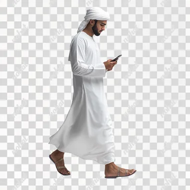 Omani man, 20 years old, wearing white dress, walking confidently while looking at his phone, FRONT VIEW, white background, Ultra realistic, 8k, high resolution, This image has a shallow depth of field, realistic photography.