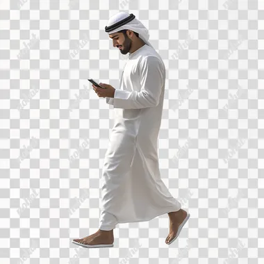 Omani man, 20 years old, wearing white dress, walking confidently while looking at his phone, FRONT VIEW, white background, Ultra realistic, 8k, high resolution, This image has a shallow depth of field, realistic photography.