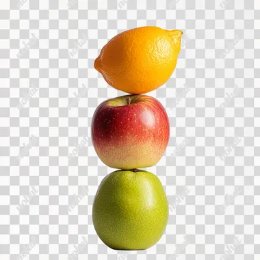 A photo of an apple, a orange, a mango, a lemon, a pear, connected in a stack, artistic composition, on a white background. Isolated white background. Studio photography style. Nikon Z9 camera shot, sharp and clear focus, high resolution, high quality, high detail, professional illustration, award-winning illustration, professional color scheme, super detail, super color