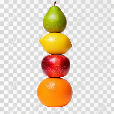A photo of an apple, a orange, a mango, a lemon, a pear, connected in a stack, artistic composition, on a white background. Isolated white background. Studio photography style. Nikon Z9 camera shot, sharp and clear focus, high resolution, high quality, high detail, professional illustration, award-winning illustration, professional color scheme, super detail, super color