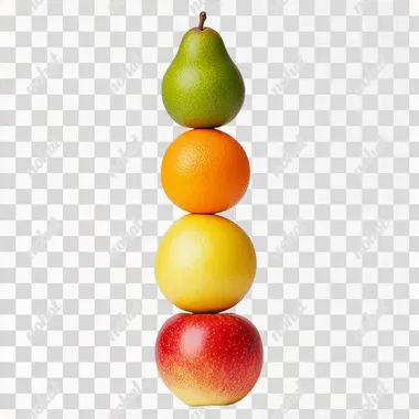 A photo of an apple, a orange, a mango, a lemon, a pear, connected in a stack, artistic composition, on a white background. Isolated white background. Studio photography style. Nikon Z9 camera shot, sharp and clear focus, high resolution, high quality, high detail, professional illustration, award-winning illustration, professional color scheme, super detail, super color
