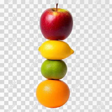 A photo of an apple, a orange, a mango, a lemon, a pear, connected in a stack, artistic composition, on a white background. Isolated white background. Studio photography style. Nikon Z9 camera shot, sharp and clear focus, high resolution, high quality, high detail, professional illustration, award-winning illustration, professional color scheme, super detail, super color