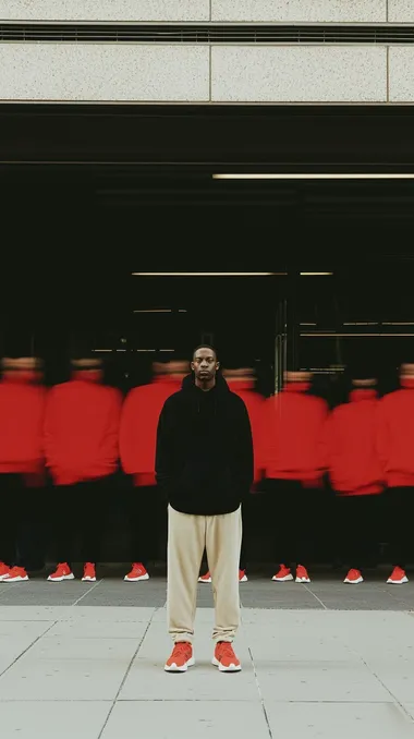 editorial photography, front shot, capturing urban hustle with a single focused male model, standing still, staring into the camera, surrounded by a blurred motion of multiple people walking past him, movement, wearing black color loose fit hoodie and beige loose fit jogger with red color high-top sneakers, sub models is monochromatic red silhouette, used camera is Sony 9 II with Sony FE 400mm f/4.5-5.6 GM OSS lens, the setting is an open, minimalistic space with soft, neutral color scheme that accentuates the motion blur, sharply in focus, contrasting with the transient figures around him, highlighting the theme of stillness amidst chaos. street mood to keep the attention on the motion effect background, ultra-realistic, 32K, rich details     315372791  c84qxg1