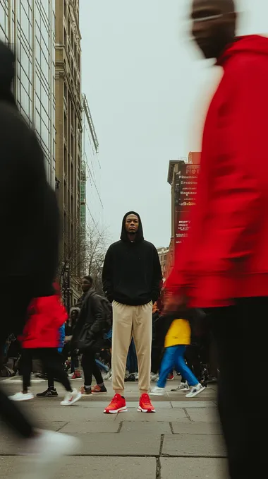 editorial photography, front shot, capturing urban hustle with a single focused male model, standing still, staring into the camera, surrounded by a blurred motion of multiple people walking past him, movement, wearing black color loose fit hoodie and beige loose fit jogger with red color high-top sneakers, sub models is monochromatic red silhouette, used camera is Sony 9 II with Sony FE 400mm f/4.5-5.6 GM OSS lens, the setting is an open, minimalistic space with soft, neutral color scheme that accentuates the motion blur, sharply in focus, contrasting with the transient figures around him, highlighting the theme of stillness amidst chaos. street mood to keep the attention on the motion effect background, ultra-realistic, 32K, rich details     315372791  c84qxg1
