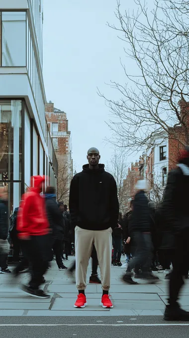 editorial photography, front shot, capturing urban hustle with a single focused male model, standing still, staring into the camera, surrounded by a blurred motion of multiple people walking past him, movement, wearing black color loose fit hoodie and beige loose fit jogger with red color high-top sneakers, sub models is monochromatic red silhouette, used camera is Sony 9 II with Sony FE 400mm f/4.5-5.6 GM OSS lens, the setting is an open, minimalistic space with soft, neutral color scheme that accentuates the motion blur, sharply in focus, contrasting with the transient figures around him, highlighting the theme of stillness amidst chaos. street mood to keep the attention on the motion effect background, ultra-realistic, 32K, rich details     315372791  c84qxg1