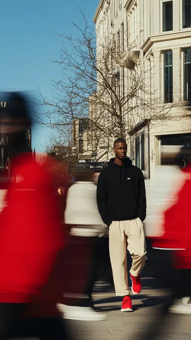 editorial photography, front shot, capturing urban hustle with a single focused male model, standing still, staring into the camera, surrounded by a blurred motion of multiple people walking past him, movement, wearing black color loose fit hoodie and beige loose fit jogger with red color high-top sneakers, sub models is monochromatic red silhouette, used camera is Sony 9 II with Sony FE 400mm f/4.5-5.6 GM OSS lens, the setting is an open, minimalistic space with soft, neutral color scheme that accentuates the motion blur, sharply in focus, contrasting with the transient figures around him, highlighting the theme of stillness amidst chaos. street mood to keep the attention on the motion effect background, ultra-realistic, 32K, rich details     315372791  c84qxg1