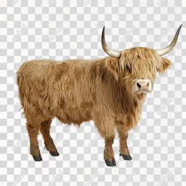 full body side view of a realistic life-like full grown adult archetype highland cow with a white background --s 50
