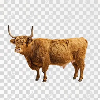 full body side view of a realistic life-like full grown adult archetype highland cow with a white background --s 50