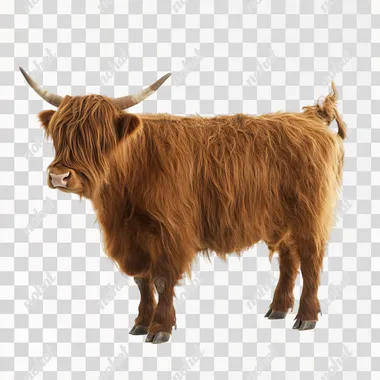 full body side view of a realistic life-like full grown adult archetype highland cow with a white background --s 50