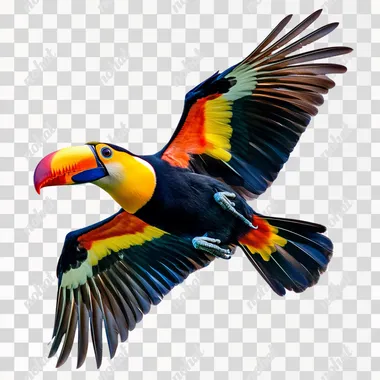 tropical colorful tucan flying isolated on a white background, realistic picture
