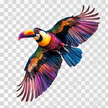 tropical colorful tucan flying isolated on a white background, realistic picture
