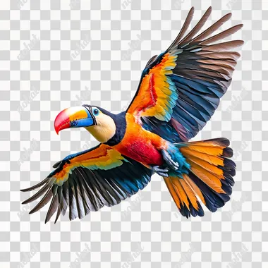 tropical colorful tucan flying isolated on a white background, realistic picture