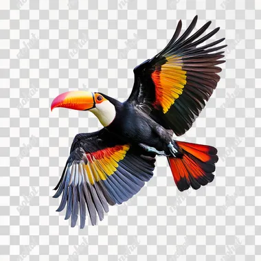 tropical colorful tucan flying isolated on a white background, realistic picture