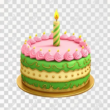 a colorful birthday cake illustration in front of a white background, 3d vector illustration, green, pink and golden colors