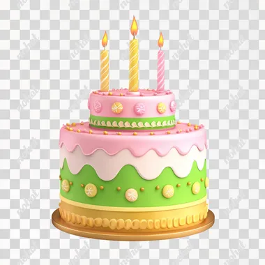 a colorful birthday cake illustration in front of a white background, 3d vector illustration, green, pink and golden colors