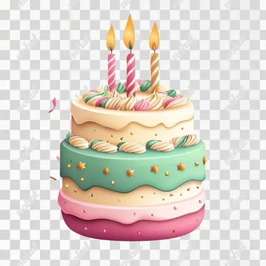 a colorful birthday cake illustration in front of a white background, 3d vector illustration, green, pink and golden colors