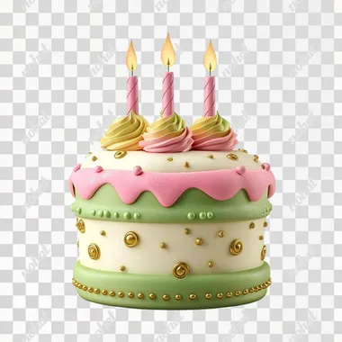 a colorful birthday cake illustration in front of a white background, 3d vector illustration, green, pink and golden colors