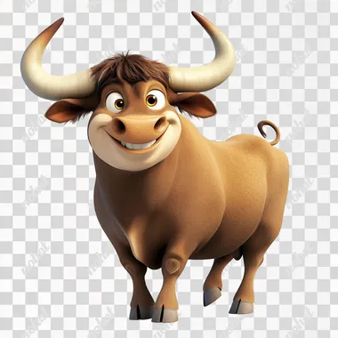 bull with a happy look on his face, big horns, standing up, sideways with its head turned to the left, cartoon style, png, white background