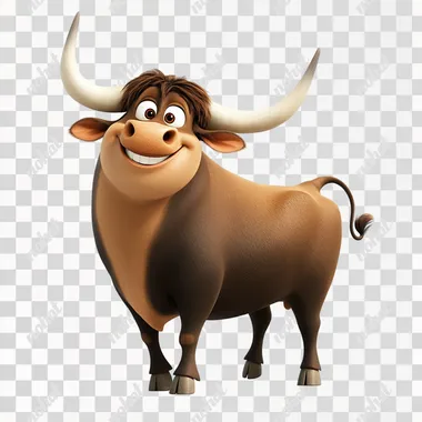 bull with a happy look on his face, big horns, standing up, sideways with its head turned to the left, cartoon style, png, white background