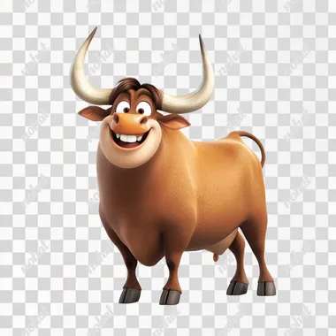 bull with a happy look on his face, big horns, standing up, sideways with its head turned to the left, cartoon style, png, white background