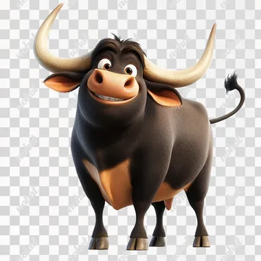 bull with a happy look on his face, big horns, standing up, sideways with its head turned to the left, cartoon style, png, white background