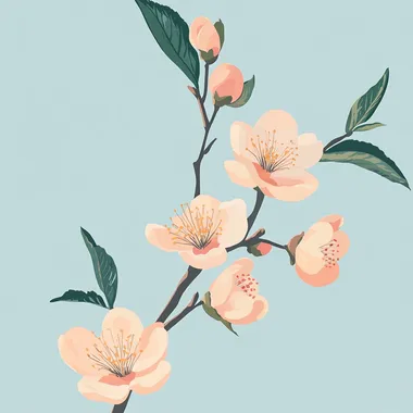 A flat illustration of peach blossom branch with peach fruits, against a light pastel blue background, in the style of a Japanese vintage poster, resembling a nouveau art, hand-drawn, with a light peach color scheme, high resolution, traditional floral pattern, graceful balance, and simple lines.