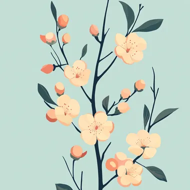 A flat illustration of peach blossom branch with peach fruits, against a light pastel blue background, in the style of a Japanese vintage poster, resembling a nouveau art, hand-drawn, with a light peach color scheme, high resolution, traditional floral pattern, graceful balance, and simple lines.