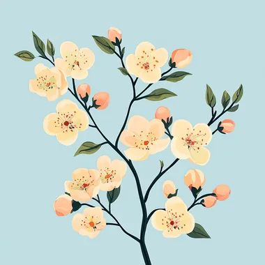 A flat illustration of peach blossom branch with peach fruits, against a light pastel blue background, in the style of a Japanese vintage poster, resembling a nouveau art, hand-drawn, with a light peach color scheme, high resolution, traditional floral pattern, graceful balance, and simple lines.