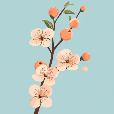 A flat illustration of peach blossom branch with peach fruits, against a light pastel blue background, in the style of a Japanese vintage poster, resembling a nouveau art, hand-drawn, with a light peach color scheme, high resolution, traditional floral pattern, graceful balance, and simple lines.
