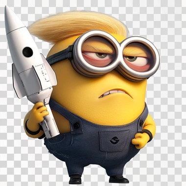the yellow haired buffoon as Gru character from Despicable me movie, holding a rocket --s 50