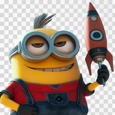 the yellow haired buffoon as Gru character from Despicable me movie, holding a rocket --s 50