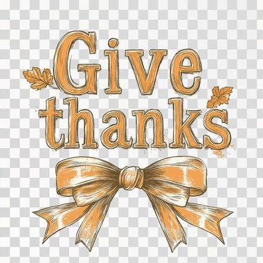 A t-shirt design that says "Give thanks" in large, distressed font with orange and brown accents. There is an illustration of two bows on each side below it. The background color should be white or cream-colored. This shirt would make great autumn-themed attire for your family's delicious meal!