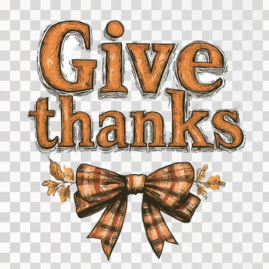 A t-shirt design that says "Give thanks" in large, distressed font with orange and brown accents. There is an illustration of two bows on each side below it. The background color should be white or cream-colored. This shirt would make great autumn-themed attire for your family's delicious meal!