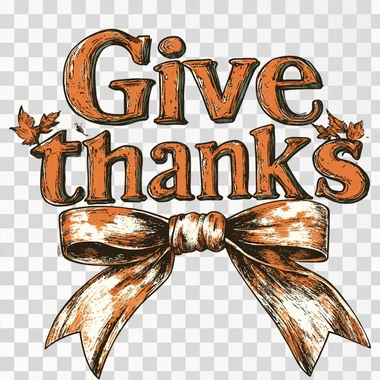 A t-shirt design that says "Give thanks" in large, distressed font with orange and brown accents. There is an illustration of two bows on each side below it. The background color should be white or cream-colored. This shirt would make great autumn-themed attire for your family's delicious meal!