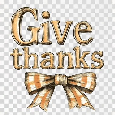 A t-shirt design that says "Give thanks" in large, distressed font with orange and brown accents. There is an illustration of two bows on each side below it. The background color should be white or cream-colored. This shirt would make great autumn-themed attire for your family's delicious meal!