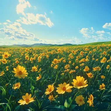Vast field of yellow flowers under a clear blue sky, vibrant and sunny atmosphere, golden hues dominating the scene, lush green grass interspersed with the flowers, bright and vivid color palette, gentle sunlight casting soft shadows, serene and peaceful landscape, highly detailed, ultra-realistic, 4k resolution