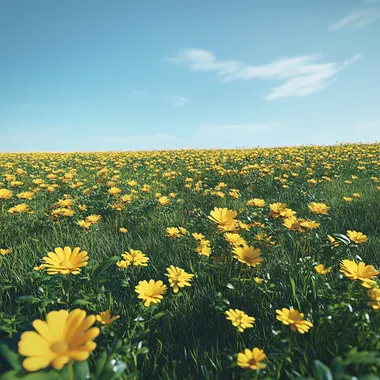 Vast field of yellow flowers under a clear blue sky, vibrant and sunny atmosphere, golden hues dominating the scene, lush green grass interspersed with the flowers, bright and vivid color palette, gentle sunlight casting soft shadows, serene and peaceful landscape, highly detailed, ultra-realistic, 4k resolution