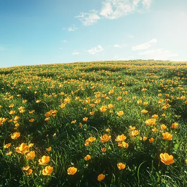 Vast field of yellow flowers under a clear blue sky, vibrant and sunny atmosphere, golden hues dominating the scene, lush green grass interspersed with the flowers, bright and vivid color palette, gentle sunlight casting soft shadows, serene and peaceful landscape, highly detailed, ultra-realistic, 4k resolution