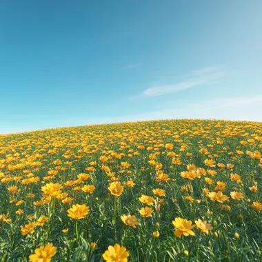 Vast field of yellow flowers under a clear blue sky, vibrant and sunny atmosphere, golden hues dominating the scene, lush green grass interspersed with the flowers, bright and vivid color palette, gentle sunlight casting soft shadows, serene and peaceful landscape, highly detailed, ultra-realistic, 4k resolution