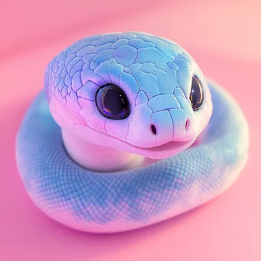 Cute plush toy snake side, cartoon style, 3D rendering, gradient color scheme, cute eyes, pink background, blue body, blue scales on the skin surface, pink and purple gradients, cute shapes, cute expressions, cute smiling faces, soft lighting, bright colors, close-up shots, macro photography, bright colors, cute shapes, colorful light points--aspect_ratio 16:9