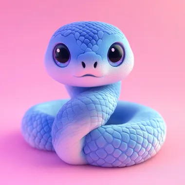 Cute plush toy snake side, cartoon style, 3D rendering, gradient color scheme, cute eyes, pink background, blue body, blue scales on the skin surface, pink and purple gradients, cute shapes, cute expressions, cute smiling faces, soft lighting, bright colors, close-up shots, macro photography, bright colors, cute shapes, colorful light points--aspect_ratio 16:9