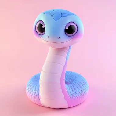 Cute plush toy snake side, cartoon style, 3D rendering, gradient color scheme, cute eyes, pink background, blue body, blue scales on the skin surface, pink and purple gradients, cute shapes, cute expressions, cute smiling faces, soft lighting, bright colors, close-up shots, macro photography, bright colors, cute shapes, colorful light points--aspect_ratio 16:9