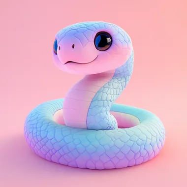 Cute plush toy snake side, cartoon style, 3D rendering, gradient color scheme, cute eyes, pink background, blue body, blue scales on the skin surface, pink and purple gradients, cute shapes, cute expressions, cute smiling faces, soft lighting, bright colors, close-up shots, macro photography, bright colors, cute shapes, colorful light points--aspect_ratio 16:9